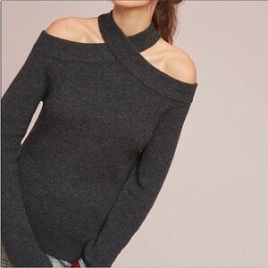 Anthropologie Moth Gray Wool Blend Cut Out Shoulder Halter Sweater
